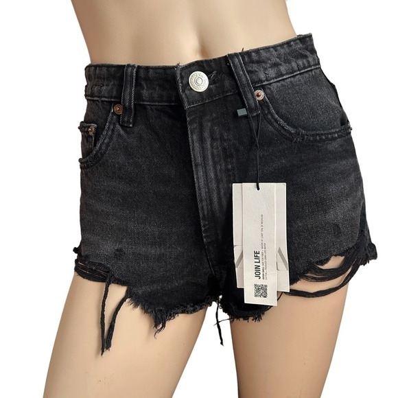 Zara Factory Distressed Shorts 5-Pocket Denim Dungaree Black High-Rise Branded - Picture 2 of 12
